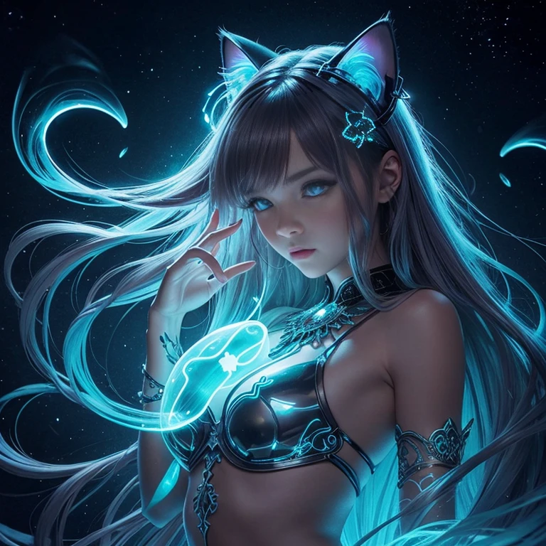 bioluminescence, electric magical glow, Full length, beautiful girl, cat ears, long rusty hair,big tites, tenderness, filigree drawing of small details, clear drawing of small details