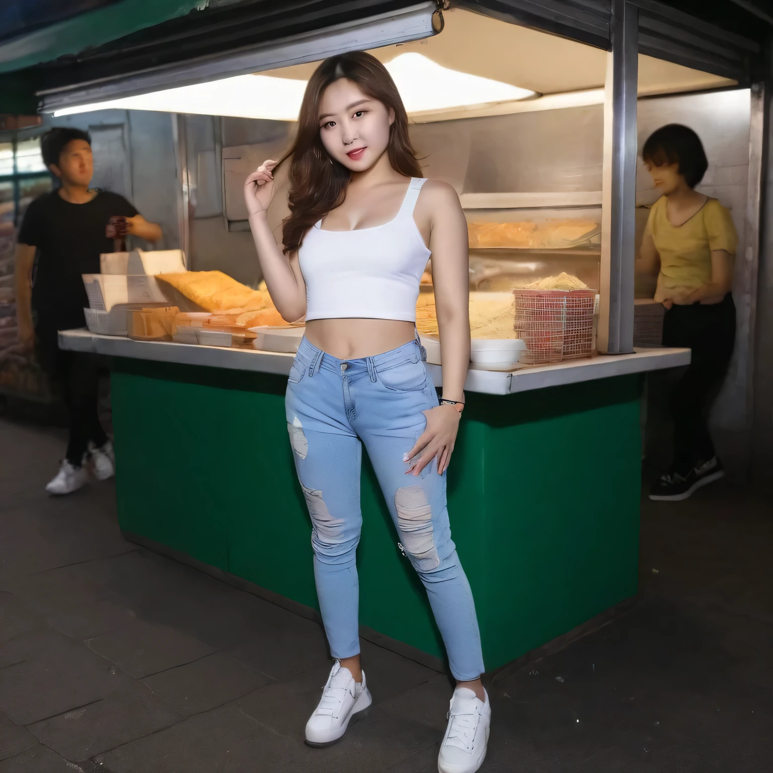 Nationality: South Korean
Outfit: low cut t-shirt, ripped skinny jeans, and chunky sneakers
Location: Bustling night market
Body type:
Pose: Leaning against a brightly lit food stall, looking confidently at the camera with one hand in her pocket