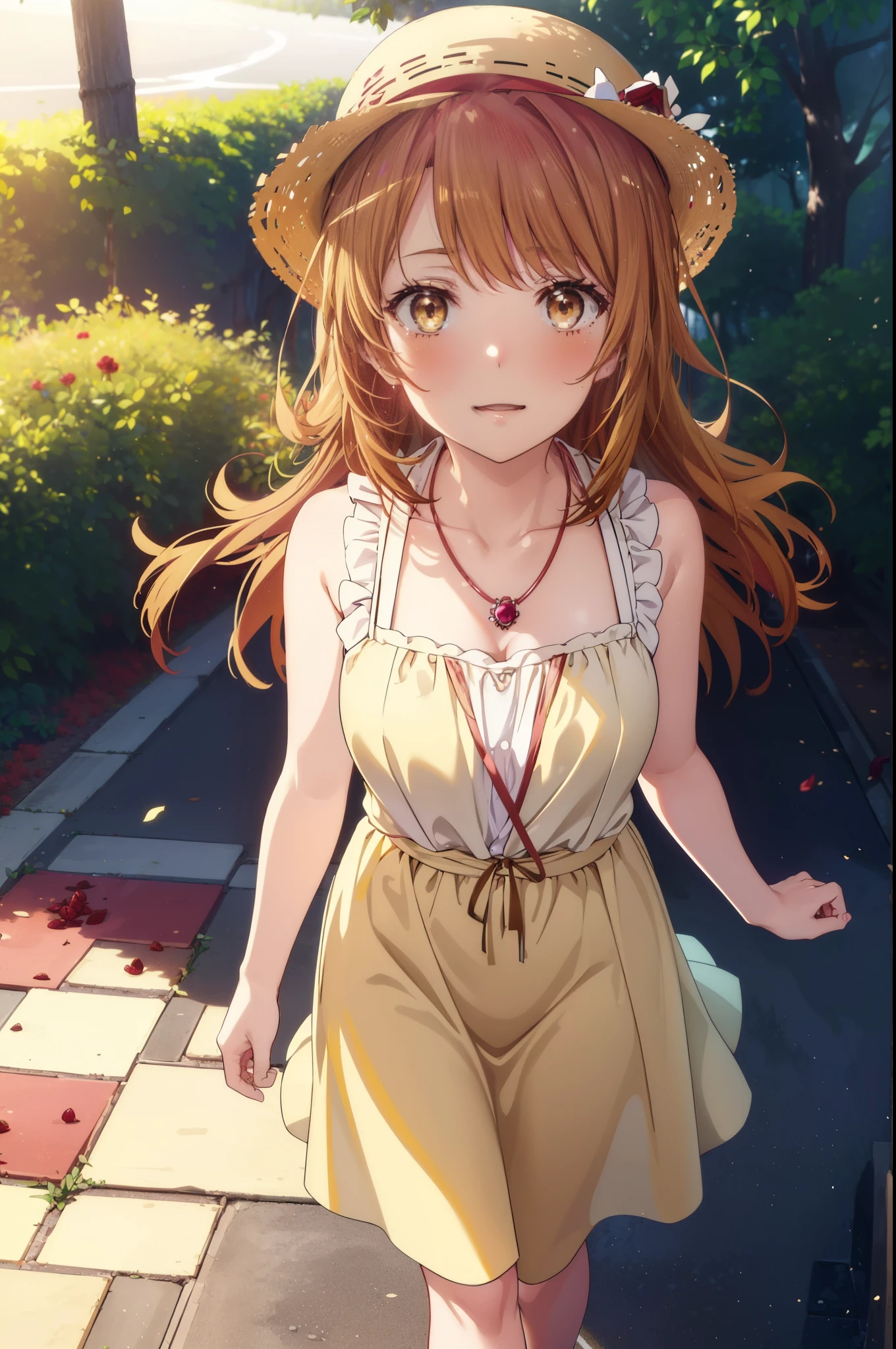 irohaisshiki, Isshiki Iroha, Long Hair, Brown Hair, (Brown ruby eyes:1.5), Sleeveless yellow dress,Yellow long skirt,Bare neck,Locket Necklace,Cute Sandals,Straw hat,happy smile, smile, Open your mouth,Daytime,Clear skies,True Summer,whole bodyがイラストに入るように,Walking,
break outdoors ,公園
break looking at viewer,whole body,
break (masterpiece:1.2), highest quality, High resolution, unity 8k wallpaper, (shape:0.8), (Beautiful and detailed:1.6), Highly detailed face, Perfect lighting, Highly detailed CG, (Perfect hands, Perfect Anatomy),