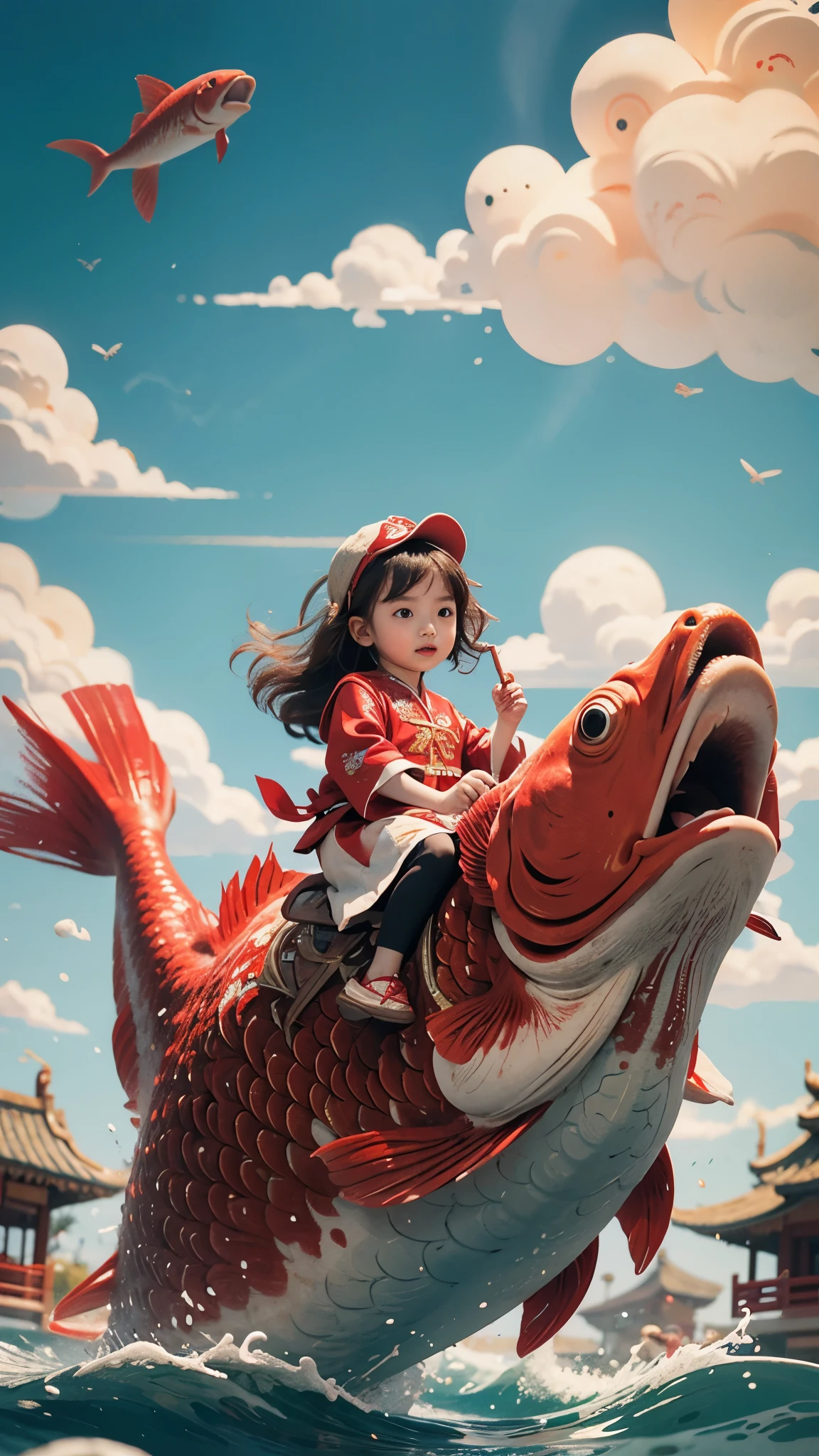 1girl,red fish,kid,chinese clothing,masterpiece,best quality,ultra-detailed,riding,