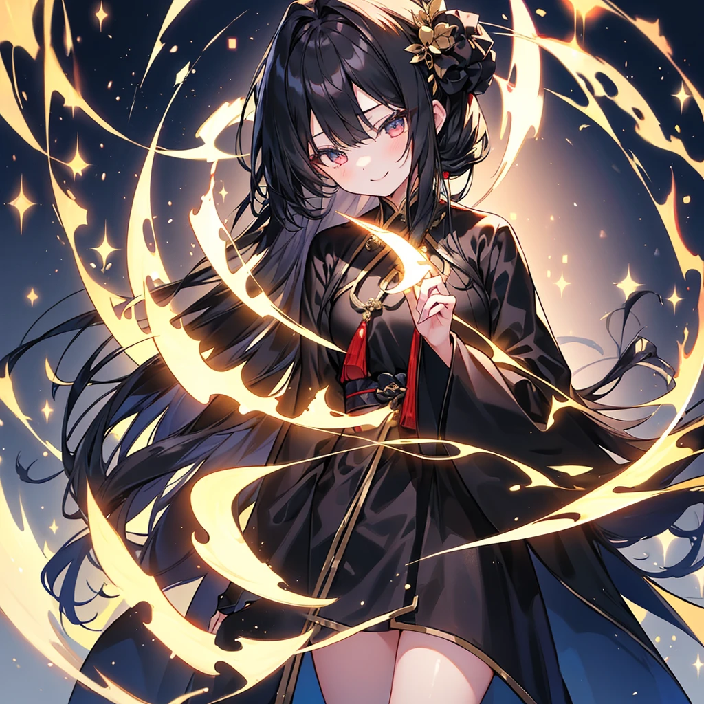 One girl,length_hair,,Are standing,Beautiful fine details,黒いElegantなドレス,Black Robe、黒hair、long hair、Elegant、smile、masterpiece、highest quality、8k,