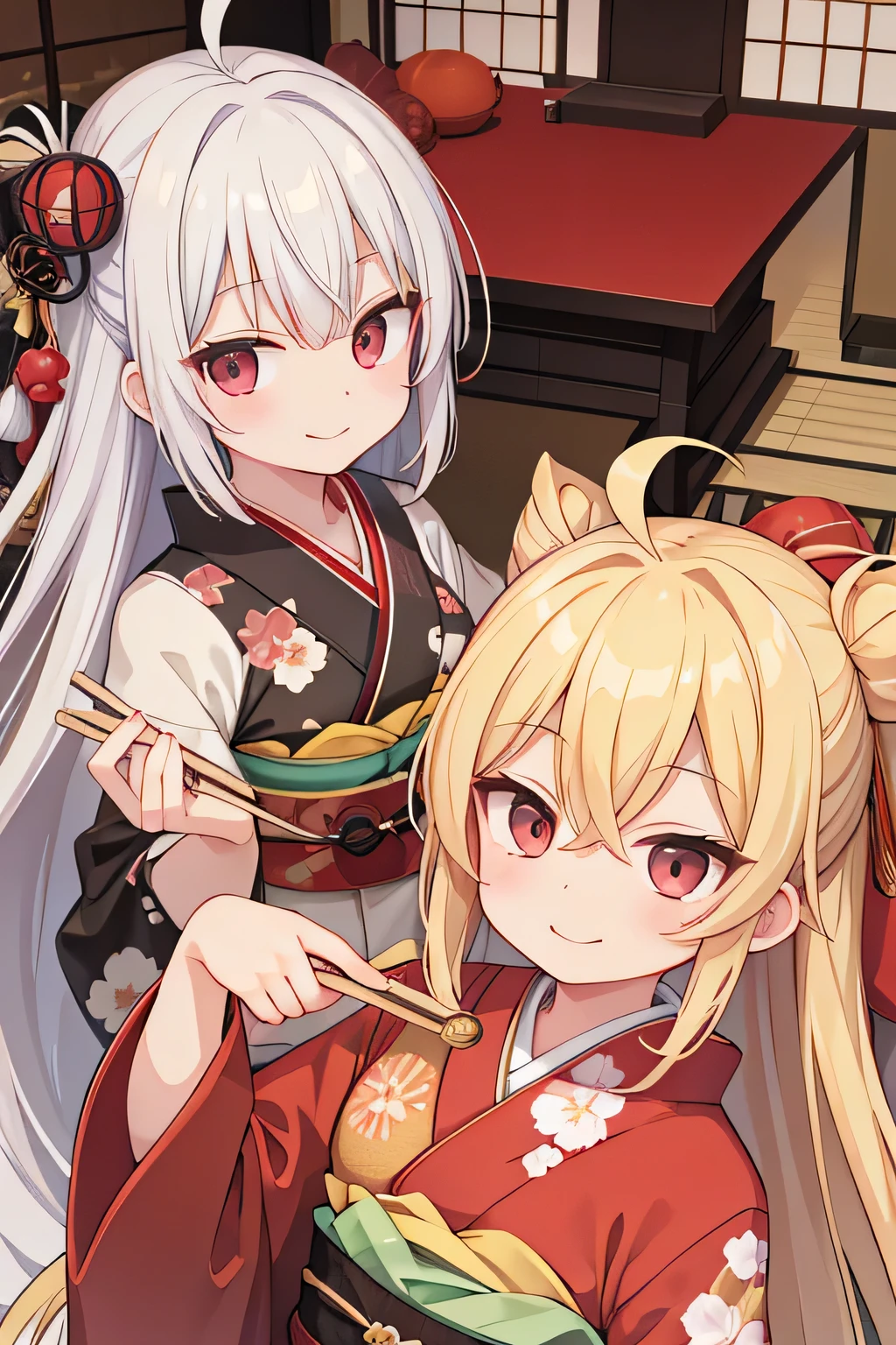 highest quality、smile、Ahoge、Long blonde、Red Eye、kimono、Japanese-style room