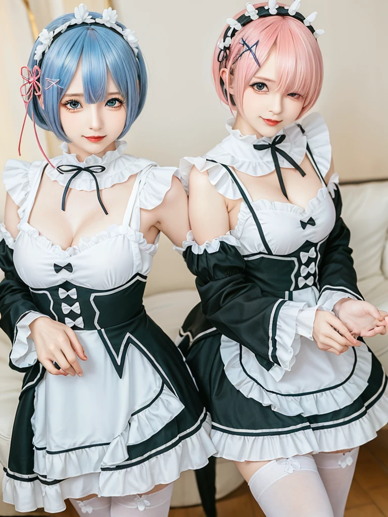 (8K, Photorealistic, Raw photo, of the highest quality: 1.3), (1girl in), Super beautiful, (Realistic face), (boyish, light blue Color Berry Shorthair),(8K, Photorealistic, Raw photo, of the highest quality: 1.3), (1girl in), Super beautiful, (Realistic face), (boyish, pink Color Berry Shorthair), Beautiful , Glare that captivates the viewer, Beautiful expression, Beautiful breasts, (Realistic skin), Be...Create a detailed and colorful image of Ram and Rem from Re:Zero, standing back-to-back in their maid outfits, with a magical fantasy background、14years old, two girls,cute, perfect face, beautiful, nice body, gothic lolita clothes, gothic lolita fashion, frilly skirt, headdress, necklace, bracelet, knee-high socks, boots, double eyelids, tear bags, Detailed down to the fingers, photo-like description, indoors, dim indoor lighting, one girl is pink hair and short bob, another girl is light blue hair and short bob,standing, whole body, composition that shows the whole body, smiling,The Both of them are wearing the same type of maid outfit