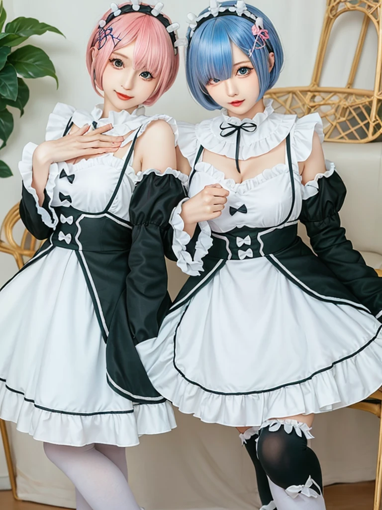 (8K, Photorealistic, Raw photo, of the highest quality: 1.3), (1girl in), Super beautiful, (Realistic face), (boyish, light blue Color Berry Shorthair),(8K, Photorealistic, Raw photo, of the highest quality: 1.3), (1girl in), Super beautiful, (Realistic face), (boyish, pink Color Berry Shorthair), Beautiful , Glare that captivates the viewer, Beautiful expression, Beautiful breasts, (Realistic skin), Be...Create a detailed and colorful image of Ram and Rem from Re:Zero, standing back-to-back in their maid outfits, with a magical fantasy background、14years old, two girls,cute, perfect face, beautiful, nice body, gothic ta clothes, gothic loliashion, frilly skirt, headdress, necklace, bracelet, knee-high socks, boots, double eyelids, tear bags, Detailed down to the fingers, photo-like description, indoors, dim indoor lighting, one girl is pink hair and short bob, another girl is light blue hair and short bob,standing, whole body, composition that shows the whole body, smiling,The Both of them are wearing the same type of maid outfit