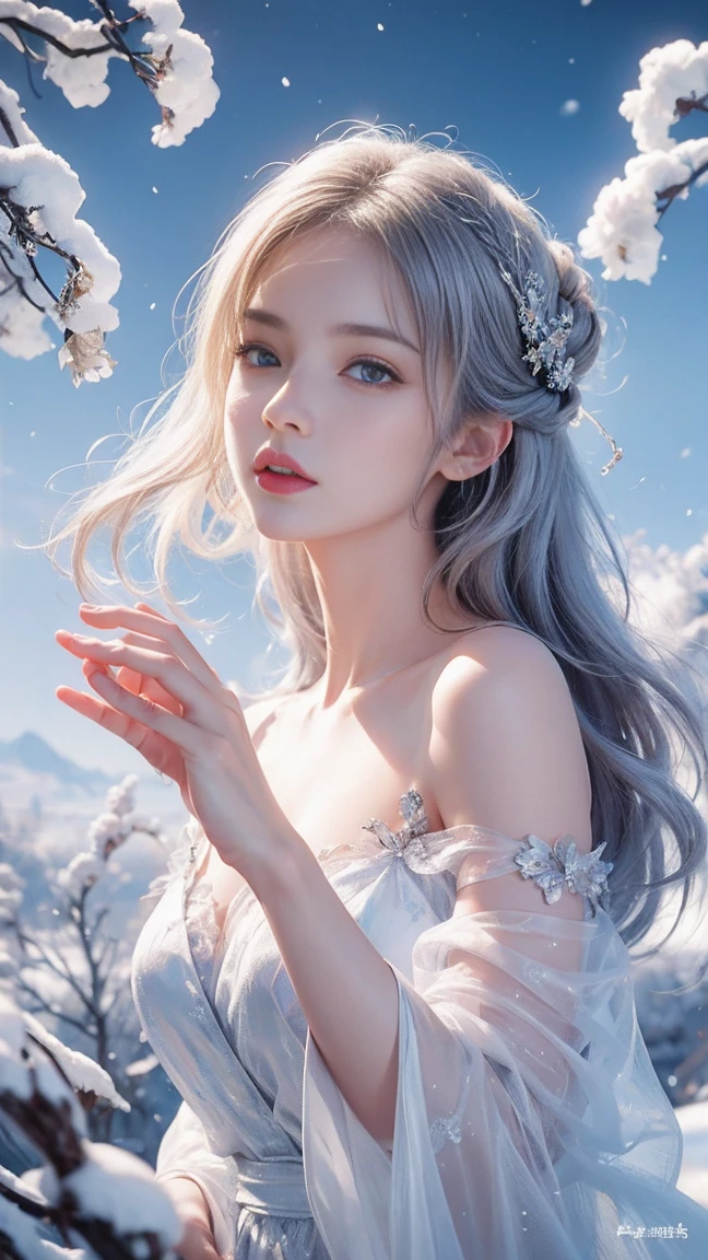 (((masterpiece))), highest quality, shape, 4k wallpaper, Cinematic Light, Absurd, One Girl,(snow,ice), snowの花, In winter, Gray Hair, Shiny Hair, Wavy Hair, Transparent clothes, Frills, Race, Wet clothes, off_shoulder, Hair Scrunchie,masterpiece, Telescope Lens, Absurd, GRaceful featureovie Posting,Poster composition,Strike a pose gRacefully,Classic,Natural light,Soft Light,(The Seven Doppelgangers) ,wonderful,Dreams are magical,Mysterious、Ecstasy