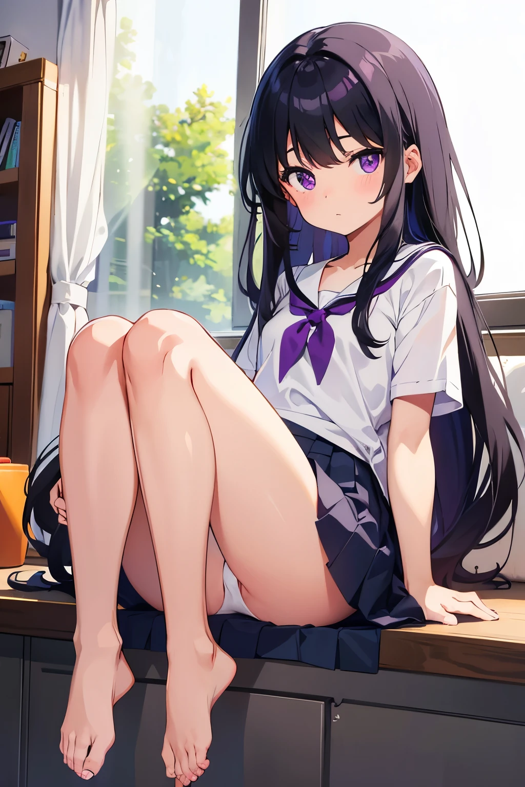 , 8 years old Flat chest, r, long hair, purple eyes White large short-sleeved T-shirt on the upper body White panties on lower body((I can see her panties)) barefoot Girl's Room holding the hem of the shirt Standing Dynamic angle Low angle