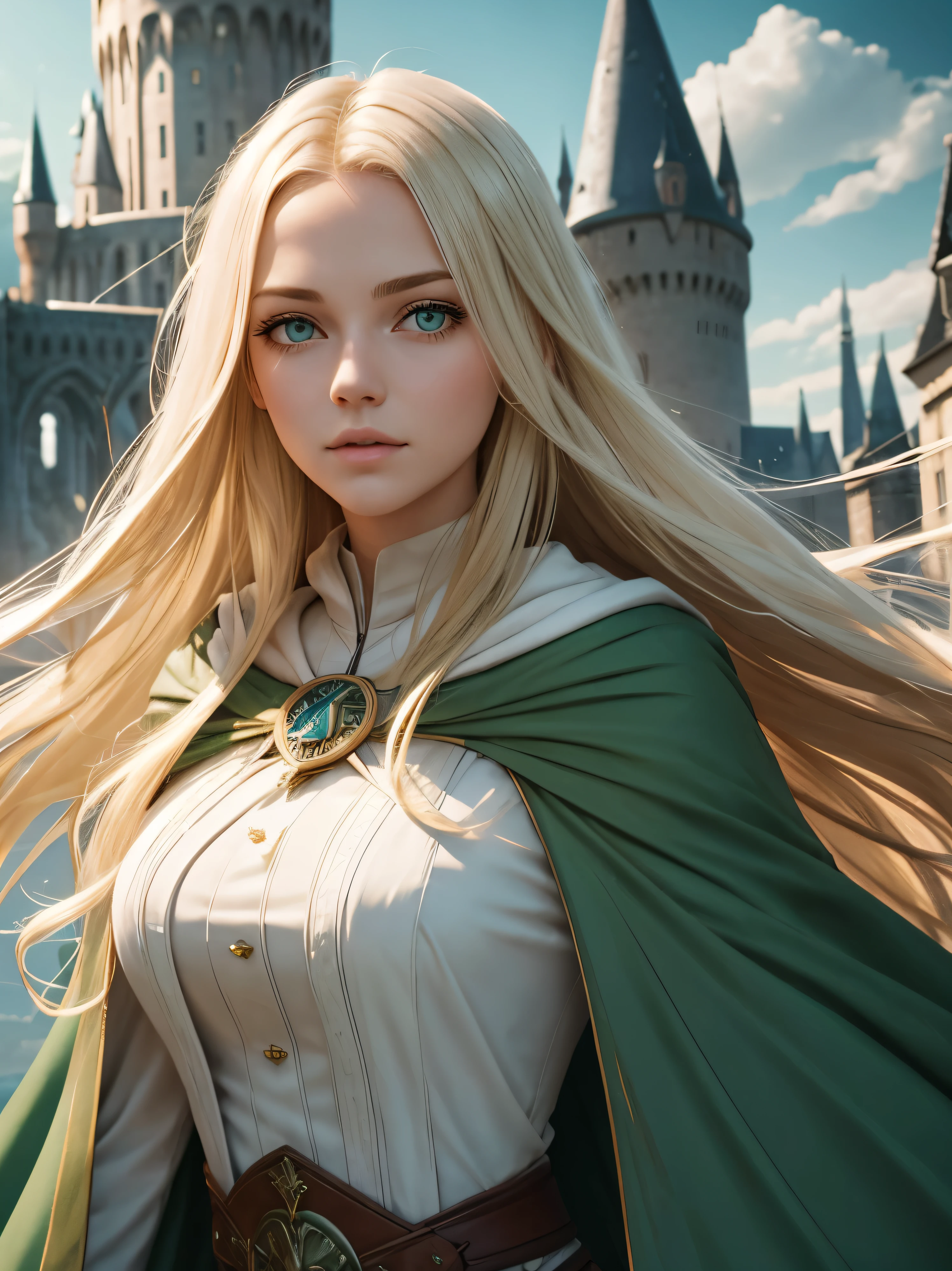 
21 years old,beautiful girl ，Cassandra Worley，Long blonde hair and waist, Big shiny green eyes, White skin，Long eyelashes, Long green cloak, Background of Hogwarts, Casting posture，{{{masterpiece}}},{extremely detailed CG unity 8k wallpaper},best quality,Amazing,finely detail,solo,cinematic lighting,close-up,{{floating hair}},outdoors,sky,{{wind}},detailed background,beautiful detailed eyes,,bright pupils,{{full body}}, dynamic pose,dynamic angle,looking at viewer,detailed clothes,,