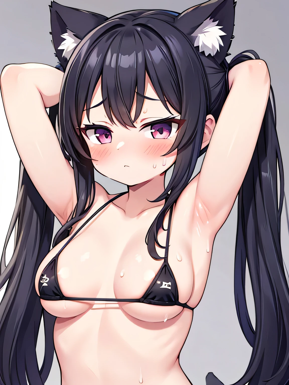 masterpiece, best quality, ultra detailed,1 cat girl , long hair, twin tails, micro bikini, arms up behind, medium breasts, blush, sweat