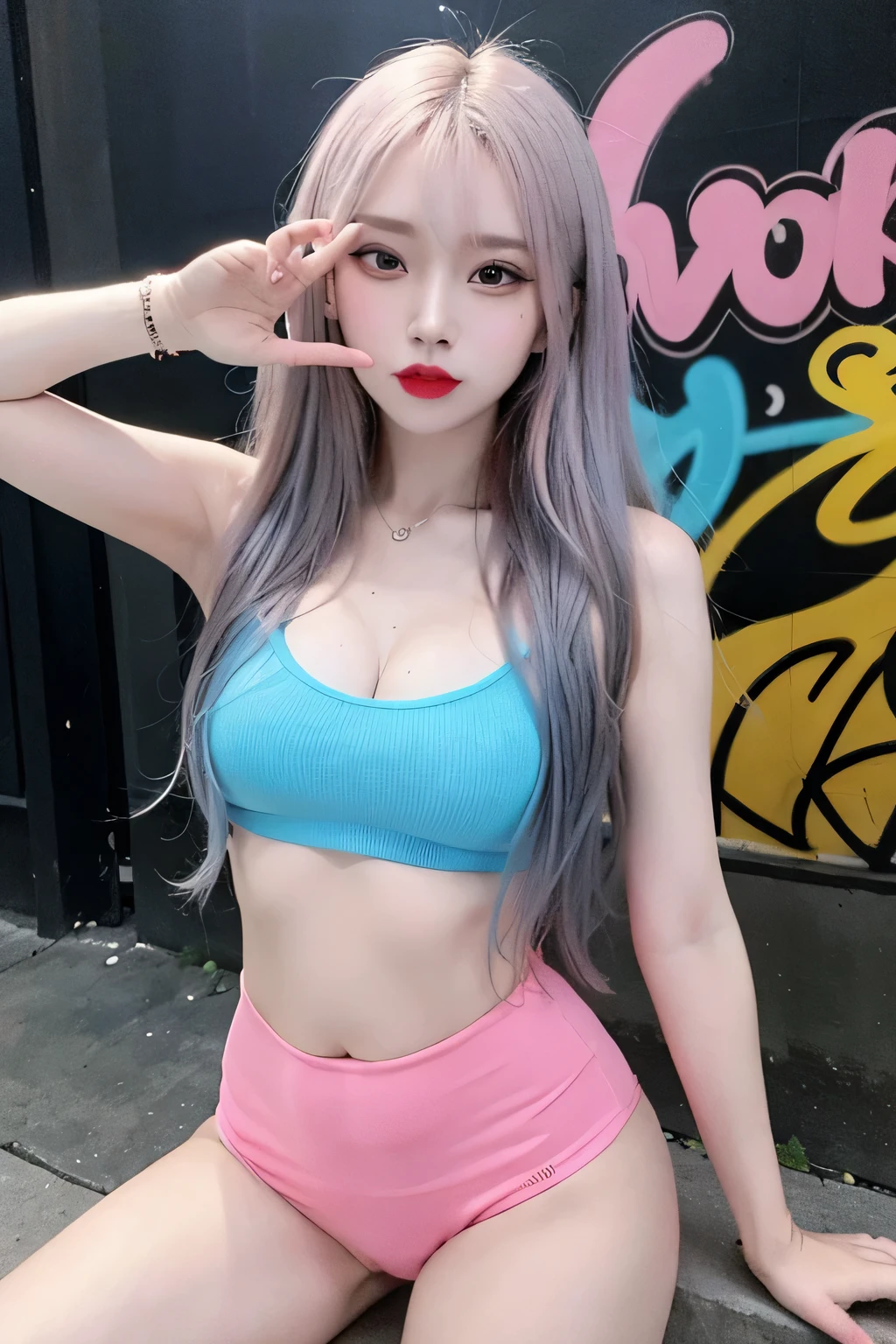 best quality, Clarity, 4k, 8k, detail, actual, Beautiful Girl, Korean makeup, Red lips, pink and blue hair, Perfect body, thigh, Pose dynamically for photos, medium chest, Graffiti crop top, Pink and Blue , graffiti on the body and skin, Solid graffiti wall background, Graffiti art,