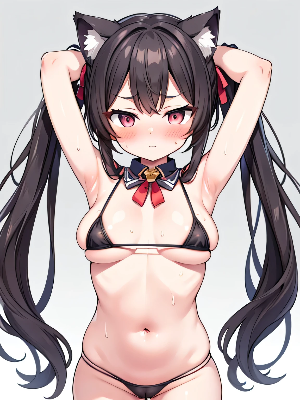 masterpiece, best quality, ultra detailed,1 cat girl , long hair, twin tails, micro bikini, arms up behind, medium breasts, camel toe, blush, sweat