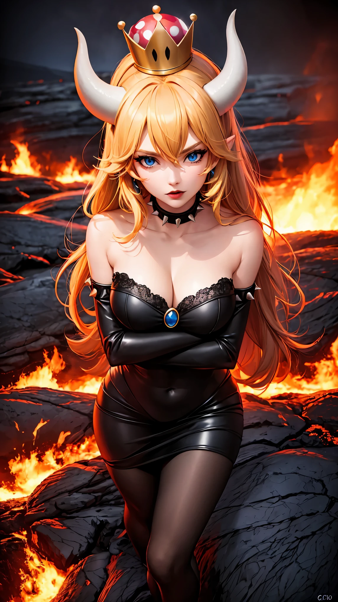 ((high detailed, best quality, 4k, masterpiece, hd:1.3)), ((best quality)), (((HD))), (((8k))), (ultraDH), (ultra HD), Princess Daisy, blue eyes, BREAK blue eyes, seductive, attractive, smooth anime cg art, 36C breasts, long legs, vivid colors, detailed digital art, slim body, perfect skin, dark blonde hair, long hair, blonde hair, blonde hair, BREAK crown, cleavage, 36C cleavage, looking at viewer, BREAK looking at viewer, extremely detailed face, red santa suit, red santa claus suit, santa claus suit, earrings, gem, dark black makeup lips, dark gothic eyeshadows, dark eyeshadows, black eyeshadows, black sexy lips, black lips, (dark:1.2), dark lips, very dark lips, (perfect hands, perfect anatomy), black makeup, black medium lips, black thick lips, detailed fingers, five fingers per hand, 5 fingers, (1 girl), detailed lips, detailed black lips, black painted lips, gothic painted lips, BREAK night, night sky, (breast focus), (arms outstreched:1.2), (from above:1.1), (breasts out:1.3), (off shoulder:1.1), (white horns), (bra), inside a lava castle, she inside a sea of lava, she bathing in lava, full body, perfect long legs, perfect foots, legs and foots into the lava,