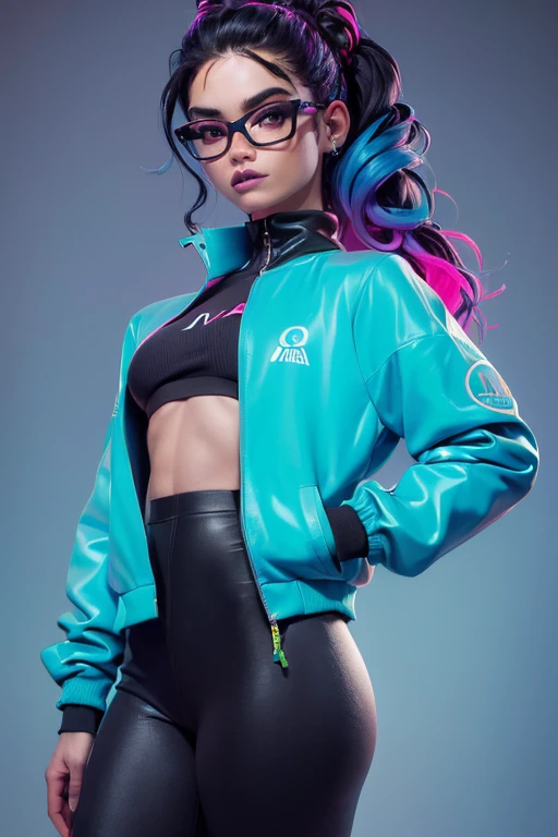 ((mejor calidad)), ((Obra maestra)), ((realista)) and ultra-detailed pcalienteography of a 1nerdy girl with goth and neon colors. ella tiene ((pelo turquesa)), Lleva un (superior technical jacket) y un (tanga negro con patrones rojos) , ((beautiful y unesthetic)), sexy, debajo de los senos, caliente