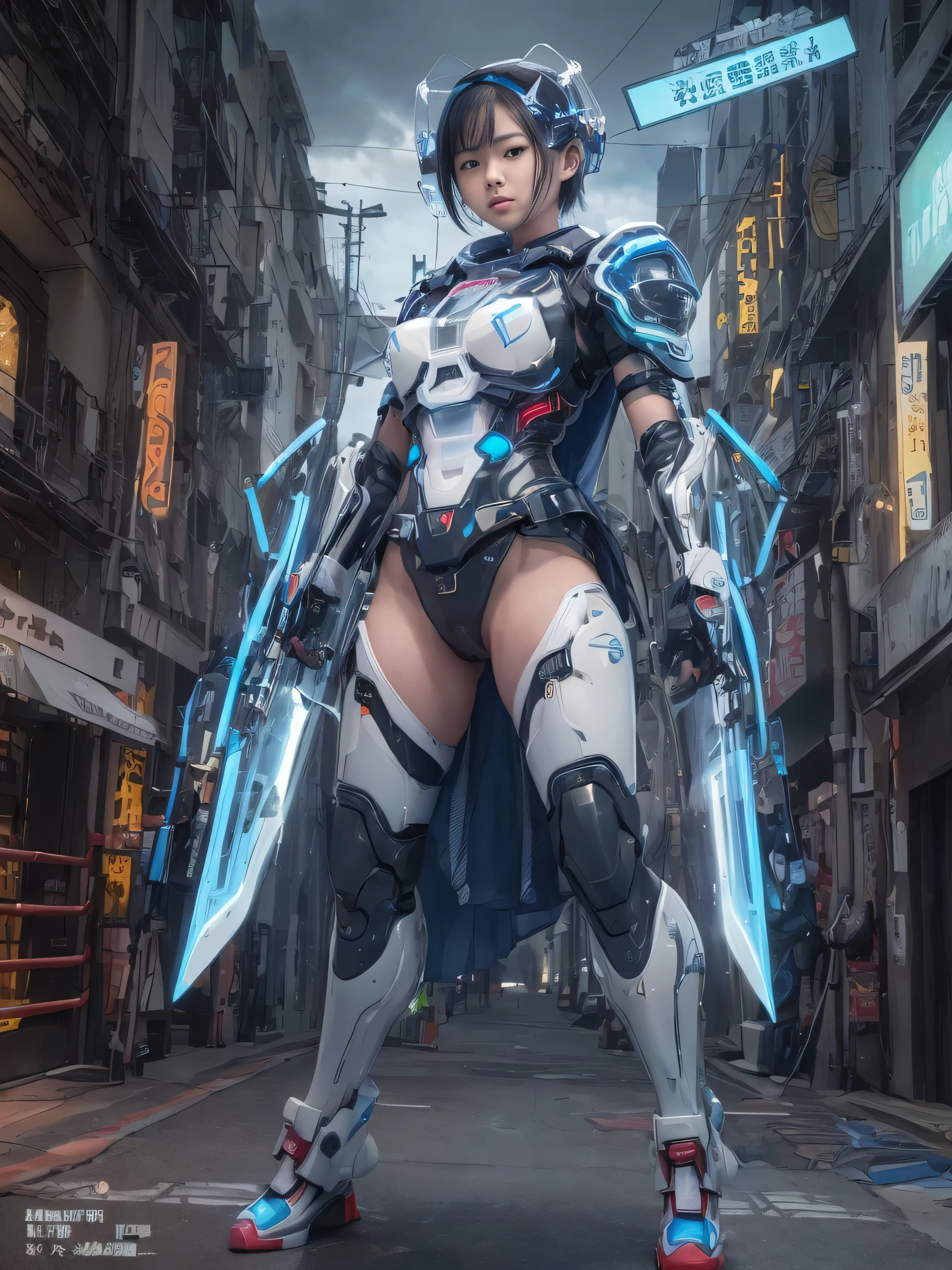 (RAW quality:1.4), One Girl, Japanese, , Textured skin, Very detailed, Advanced Details, high quality, 最high quality, High resolution, 1080p, hard disk, beautiful,(Gundam),Beautiful cyborg woman,large body,((Wearing Futuristic Transparent Reinforced Plastic Machine Parts。:1.4)), Bust top covered with transparent mechanism, Mechanically protected front groin, The bare skin of the large body is exposed., large body naked, Perfect Proportions, Great tit, (He carries a lot of weapons on his back..:1.4), (Hero Pose), Full Body Shot, (Short-cut straight hair that looks beautiful in blue and white:1.4), folded building background, City in flames, (The blue LED on the bust top glows strongly:1.4), Biologically correct, (((The serial number is written on the back.:1.4))), pubic hair,