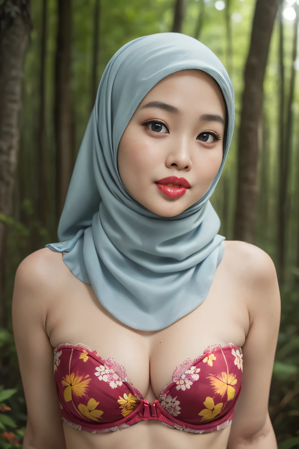 ((Lace)), (Happy smile), (((HIJAB MALAY GIRL))), masutepiece, High quality, UHD 32K, Realistic face, Realistic skin feeling , A Japanese Lady, 8 , , Very cute and baby-like face, (((FLAT CHEST))), (Night time at forest), ((look In front  at the camera and SADNESS)), (((BROWN FLUORESCENT))), (((CUTE GIRL))), ((BROWN FLUORESCENT LIPS)), ((Floral Pattern)) little wearing strapless bra, strapless colorful bra, dark night background , black forest night, horror scary place, (huge saggy breast)