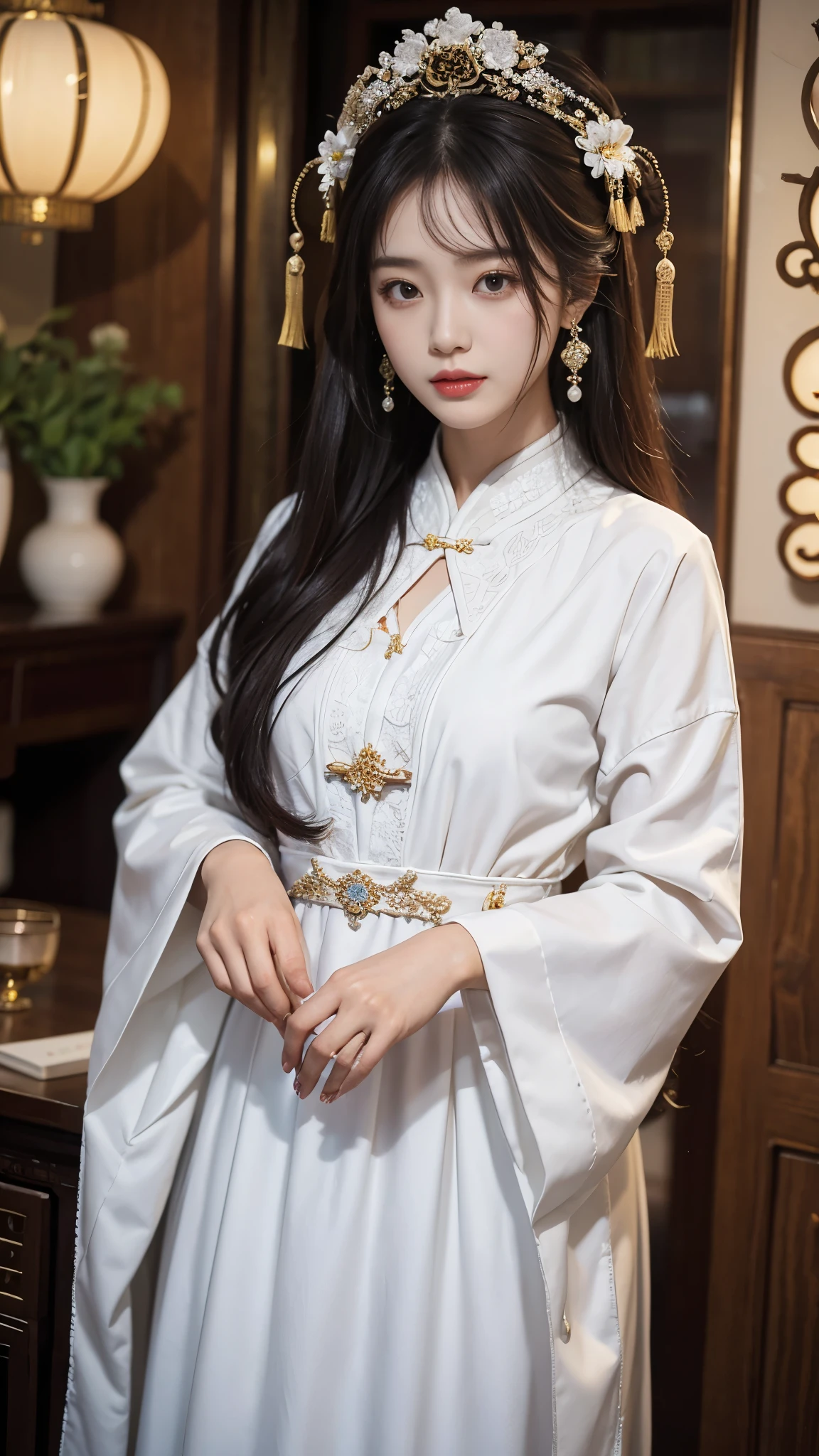 realistic,1girl,long hair,solo,chinese clothing,dress,jewelry,looking at viewer,hair ornament,earrings,white dress,looking at viewer,flower,facial mark,