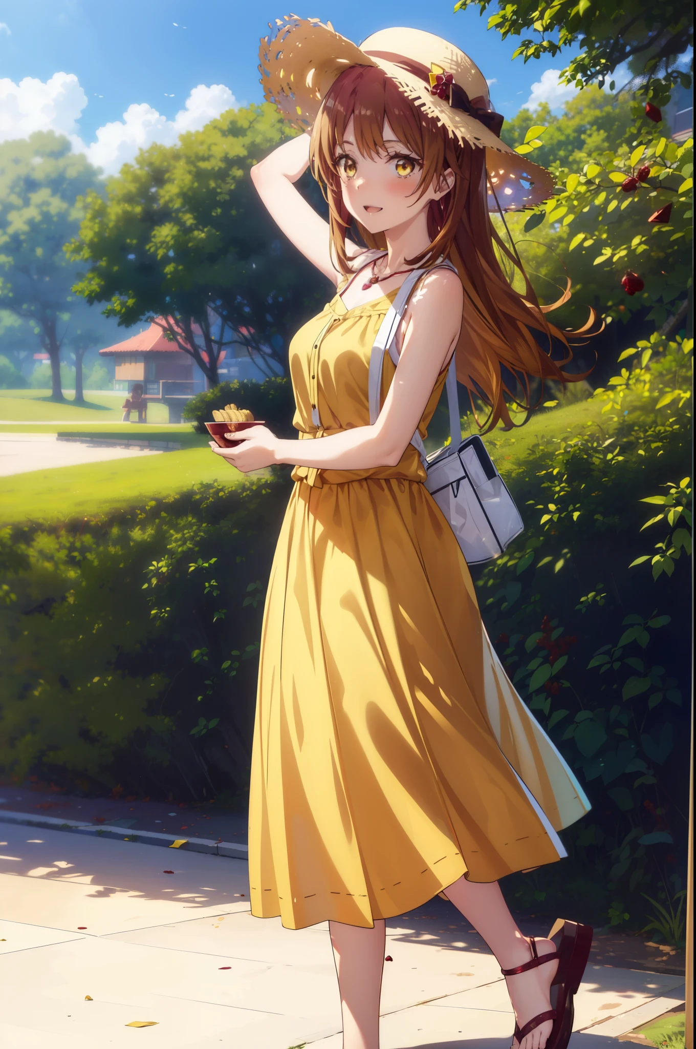 irohaisshiki, Isshiki Iroha, Long Hair, Brown Hair, (Brown ruby eyes:1.5), Sleeveless yellow dress,Yellow long skirt,Bare neck,Locket Necklace,Cute Sandals,Straw hat,happy smile, smile, Open your mouth,Daytime,Clear skies,True Summer,whole bodyがイラストに入るように,Walking,
break outdoors ,公園
break looking at viewer,whole body,
break (masterpiece:1.2), highest quality, High resolution, unity 8k wallpaper, (shape:0.8), (Beautiful and detailed:1.6), Highly detailed face, Perfect lighting, Highly detailed CG, (Perfect hands, Perfect Anatomy),