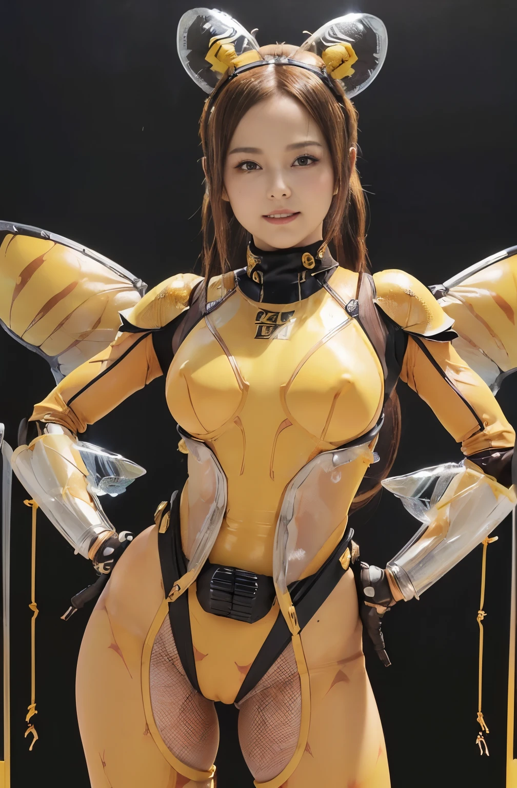 (high resolution,masterpiece,best quality,extremely detailed CG, anime, official art:1.4), realistic, photo, amazing fine details, all intricate, gloss and shiny,awesome many layers, 8k wall paper, 3d, sketch, kawaii, illustration,( solo:1.4), perfect female proportion,villainess, (fusion of queen bee and lady:1.4), (queen bee form lady:1.2), (queen bee lady:1.2), (fusion:1.2), (solo:1.4), (evil smile:1.2), muscular, abs, (queen bee exoskeleton bio insect suit:1.4), (queen bee exoskeleton bio insect armor:1.2), (brown transparency queen bee wing:1.4), (brown queen bee antennae:1.3), big breasts