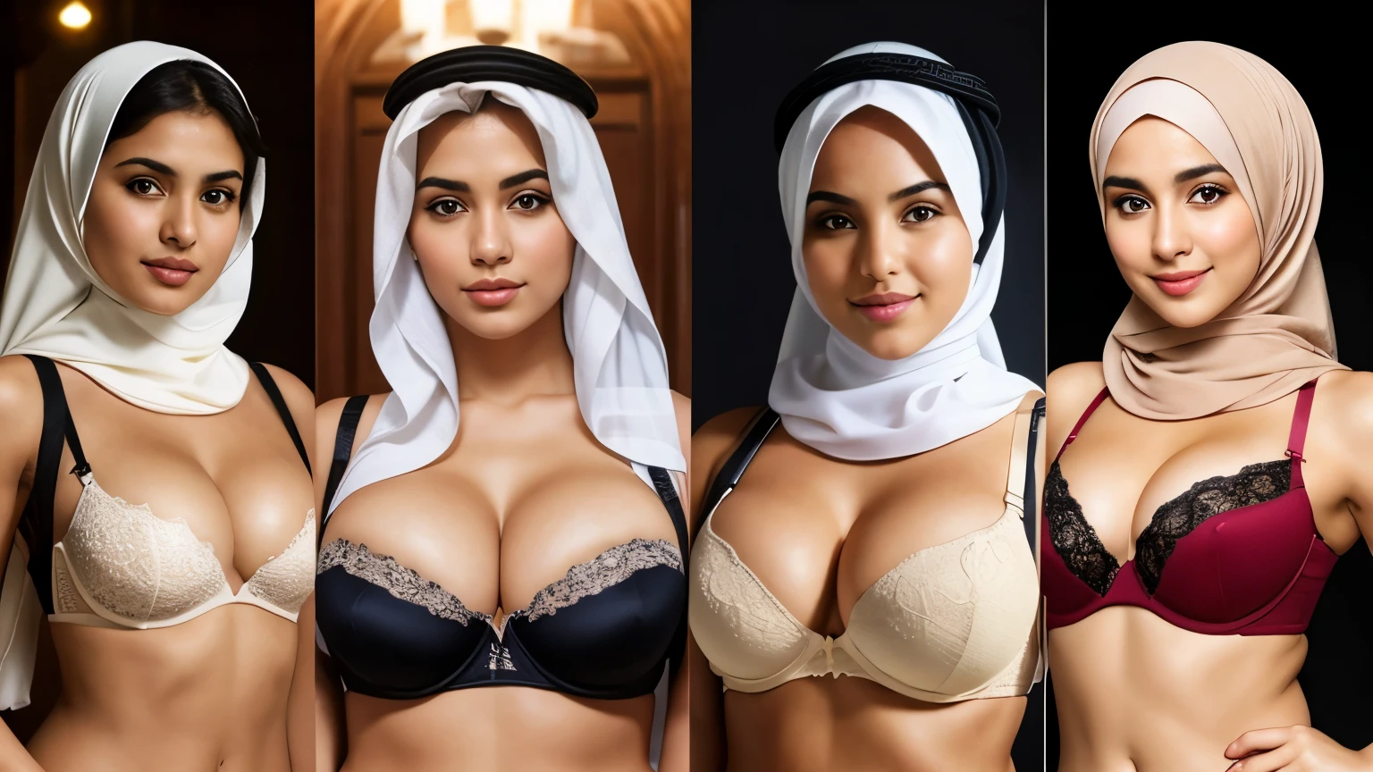 The proportions are the same for all races, Arabian girl, big breasts wear bra and hijab, All faces and pictures must be different, Arabian background.