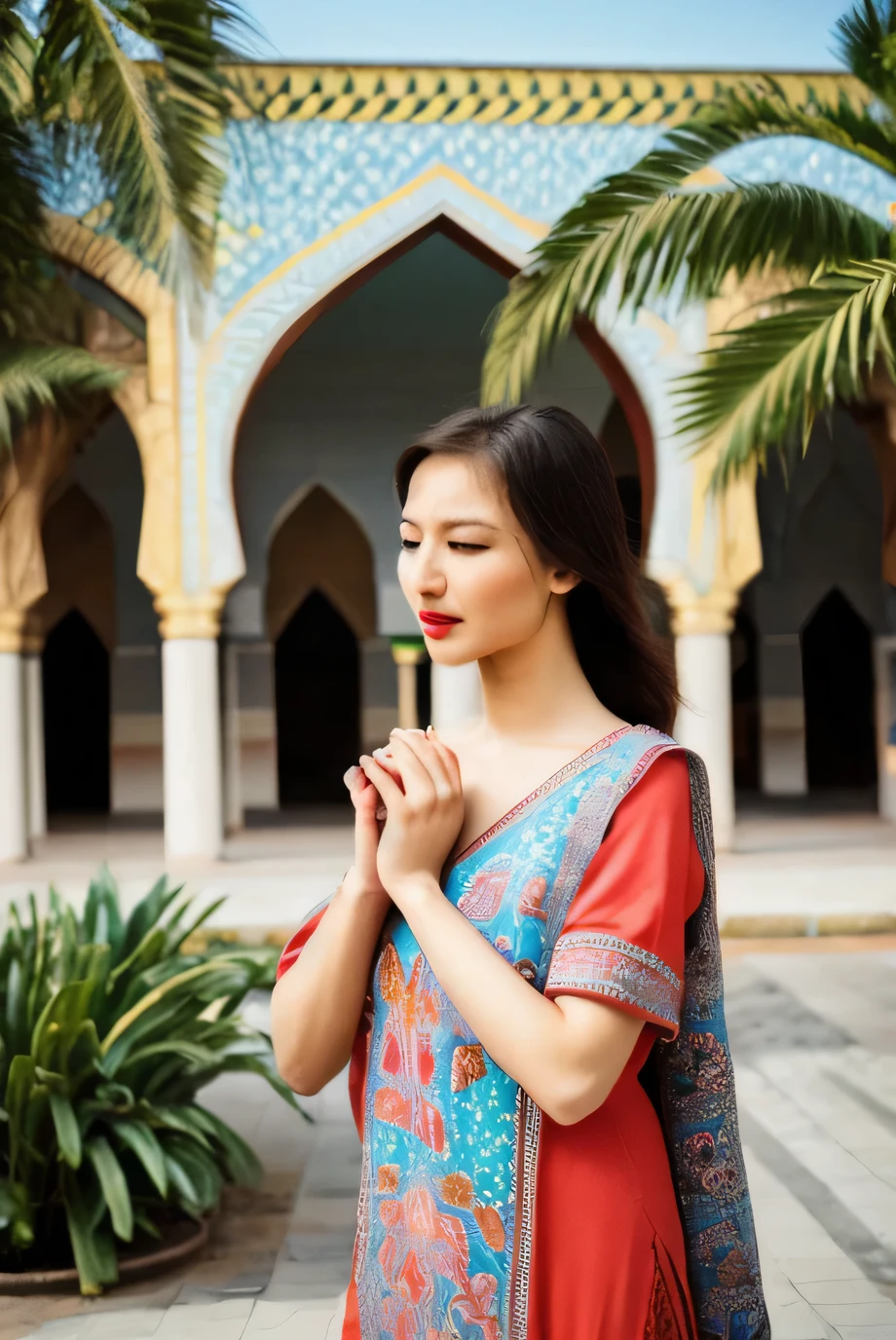 (best quality,8k,4k,highres:1.2),ultra-detailed,realistic,photorealistic:1.37,photograph,Lee Young-Ae,beautiful lady,make-up (red lipstick),casual dress,standing in front of a mosque in Baghdad,Iraq,vibrant colors,natural lighting,portrait style,tranquil atmosphere,sunny day,mosaic tile details,fine textures,soft shadows,delicate facial features,expressive eyes,glossy lips,faint smile,hands gently clasped,elegant posture,subtle wind movement,architectural beauty,peaceful surroundings,palm trees in the background,cool breeze,serene expression,serendipitous moment,faint scent of flowers in the air,graceful presence,sunlight filtering through the trees,majestic entrance to the mosque,golden domes,ornate minarets,turquoise and green accents,decorative Islamic patterns,cultural heritage,reverence and tranquility,whispering prayers,spiritual connection,inner peace,harmony between architecture and nature,lively bustling streets,echoes of history and culture in the air,rich cultural tapestry,contrast between tradition and modernity,storytelling through imagery,lasting impression on the viewer.