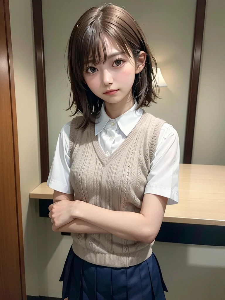 Masterpiece, Top Quality, Top Mikoto, brown eyes, short hair, small breasts, looking at viewer, alone, closed mouth, collared shirt, beige knit vest, dark blue  Skirt, school_uniform, shirt, white_shirt, classroom,Masterpiece, highest quality, 8K, detailed skin texture, fine cloth texture, beautiful detailed face, intricate details, super detailed,cute,cute posing,composition that shows the whole body,