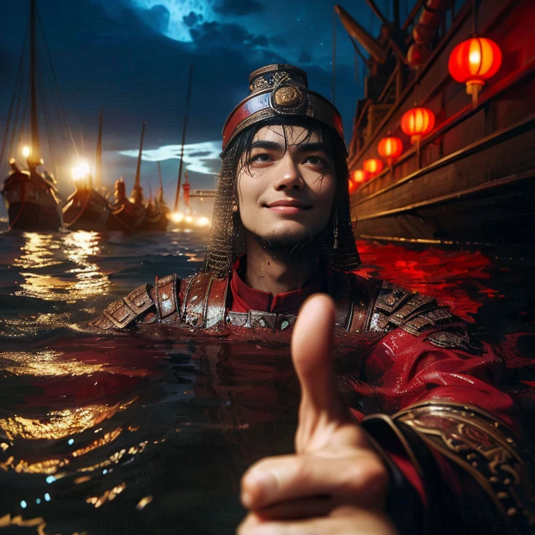 (Best Quality:1.2), (high resolution:1.2), (beautiful face and eye:1.5), (sharpest focus:1.2), (Ultra-realistic Photo:1.2), (Ultra-precise Photo:1.2), (Depth of field:1.2), (8k high resolution:1.2). (perfect anatomy:1.2),
(nice hands:1.5), (perfect hands:1.5), (One drowning Chinese man:1.2), (Very young and beautiful Chinese man:1.0), (Smiling thumbs up in a state of resignation:1.2), (Looking up angle:1.2),
(Chinese warrior in very light clothing, beaten up:1.0), (Majestic Chinese river:1.0), (Cynical smile:1.0), (Giant battleship:1.0), (Mars shining reddish-red in the night sky:1.2),