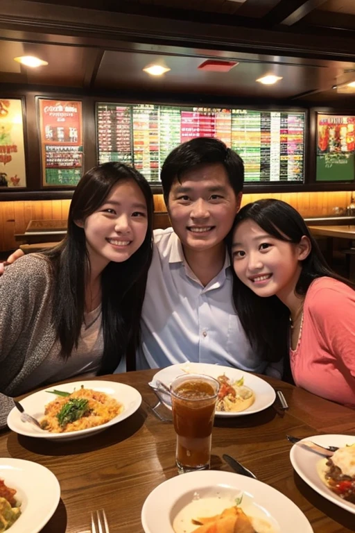 Daughter, father and mother at a restaurant。My daughter graduated from college and came here with her family to celebrate her new job.。