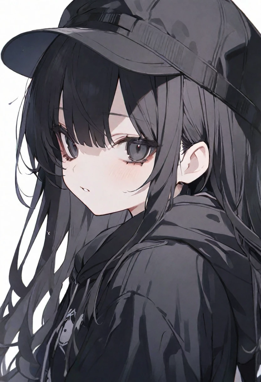 One girl、cool、black eye、Black Hair、Long Hair、Black cap、Black hoodie、cute、Only one person、White background、Illness。
