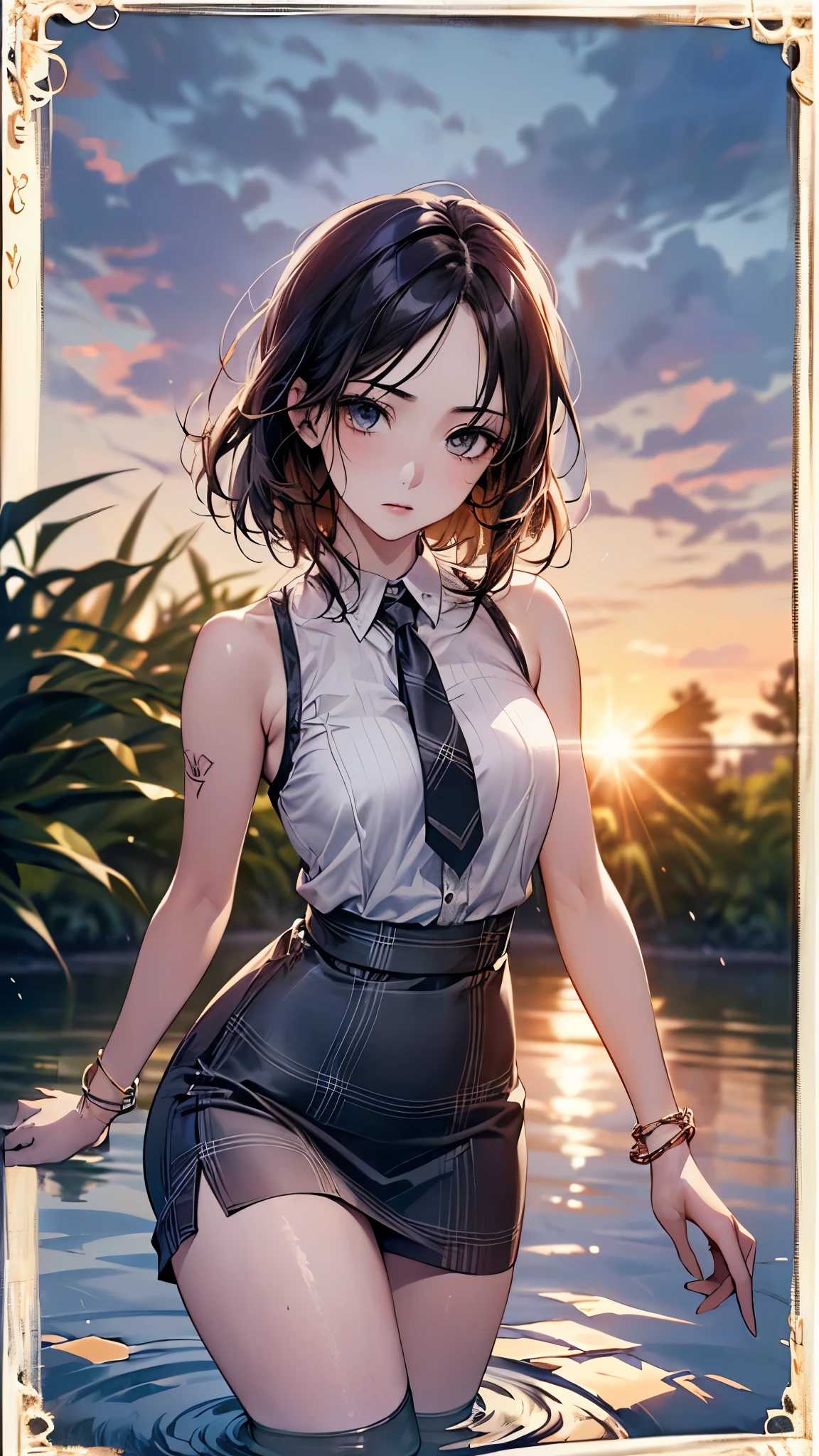 ((Biologically correct limb count))、(( whole body including face))、4K、Masterpiece、((Focus on the face))、((Symmetrical, well-proportioned facial features))、Eyes with delicate depictions、(((1 person)))、Beautiful woman、Outstanding style、Slender Body、(((High heels with anklets、Shiny Stockings Sleeveless、Checked skirt)))、tie、(((White frame photo、white frame photo)))、((Looking up))、Expressionless、(((Riverside、Stand on the surface of the water)))、(Close-up photo of the upper body)、High angle、dawn、rain、((A backlit photo with the sun in the background))、Tattoo on calf、