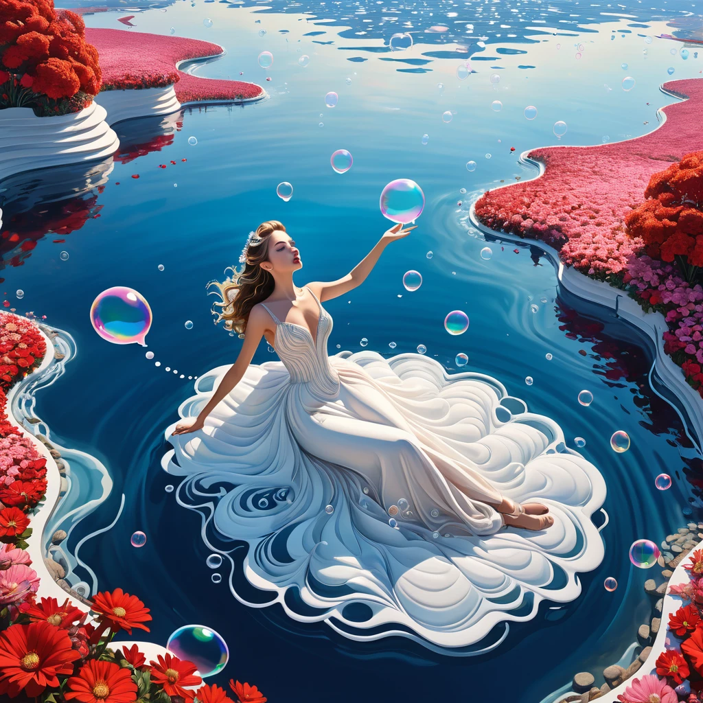 Extreme Wide Shot, aerial perspective, top-down view, grand scale, central subject, surreal scene of the striped lady emerging from wavy striped liquid, let's add an element of fantasy. in white bridal gown, Chat Bubbles are covered around, intricate crystal circle patterns, Chat Bubbles float serenely across a clear blue sky, with the largest and most brightly colored Chat Bubbles in the center, dreamlike ambiance, vibrant red hues, majestic aura , detailed embroidery, fantasy setting, lavish presentation, surreal beauty, mesmerizing floral expanse, enchanting atmosphere, realistic, real, reality