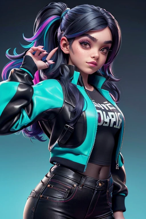 ((mejor calidad)), ((Obra maestra)), ((realista)) and ultra-detailed pcalienteography of a 1nerdy girl with goth and neon colors. ella tiene ((pelo turquesa)), Lleva un (superior technical jacket) y un (tanga negro con patrones rojos) , ((beautiful y unesthetic)), sexy, debajo de los senos, caliente