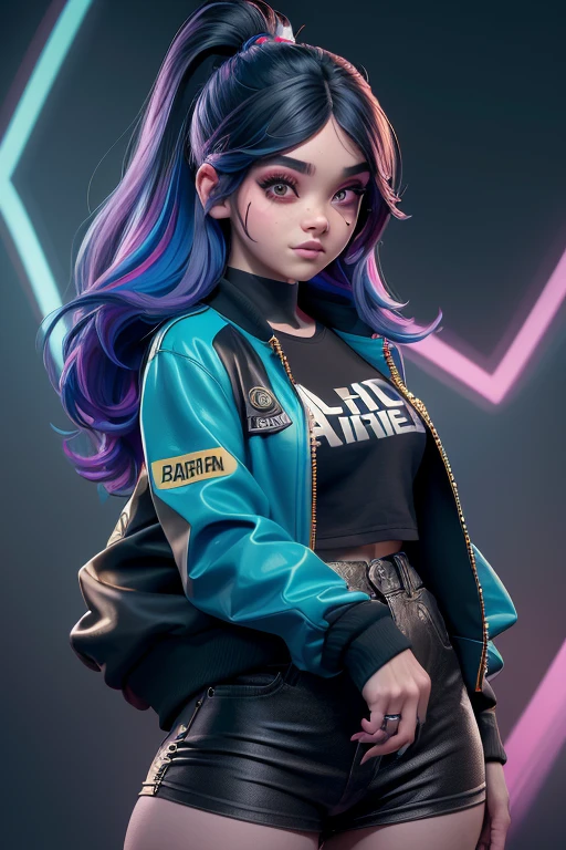 ((mejor calidad)), ((Obra maestra)), ((realista)) and ultra-detailed pcalienteography of a 1nerdy girl with goth and neon colors. ella tiene ((pelo turquesa)), Lleva un (superior technical jacket) y un (tanga negro con patrones rojos) , ((beautiful y unesthetic)), sexy, debajo de los senos, caliente