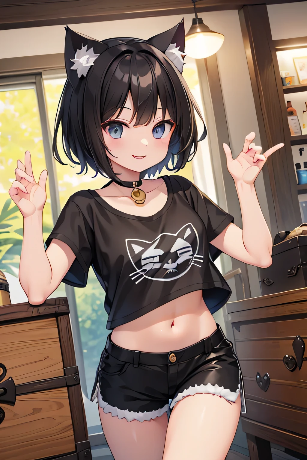 best quality, 32k, RAW photo, incredibly absurdres, extremely detailed, delicate texture, 15 years old, cheerful and active cute girl, wearing tank top, shorts, expressionless, shy, black-purple wavy messy short hair, black cat ears, black engineer boots