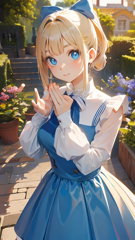 (masterpiece:1.2), (highest quality:1.2),, Curvy but slender body, Perfect Eyes, Perfect Face, Perfect lighting, 1 girl, in the garden, (The whole body is visible),(walking),(Knitted sweater),(Cute gestures),(smile),(ponytail),Curly Hair, Quality clothing, Detailed outdoor background, Compensate, eye shadow, Thick eyelashes, Fantasy, Looking at the audience, whole body,Alice in Wonderland、blue sky、Bright and very beautiful face、Young and shiny white glossy skin、The ultimate beauty、The most beautiful light blonde hair in the world、Thinning hair、short hair、Shiny beautiful bangs、Shining, clear, big blue eyes、Very beautiful and adorable 17 year old girl, the most beautiful in the world、oh