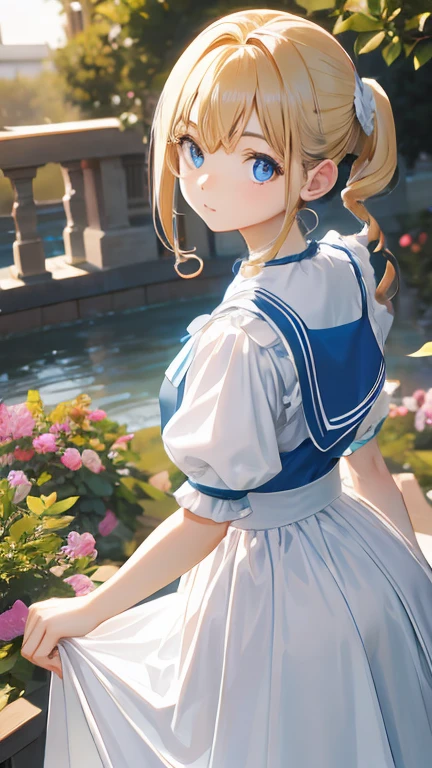 (masterpiece:1.2), (highest quality:1.2),, Curvy but slender body, Perfect Eyes, Perfect Face, Perfect lighting, 1 girl, in the garden, （The whole body is visible），（walking），（Knitted sweater），（Cute gestures），（smile），（ponytail），Curly Hair, Quality clothing, Detailed outdoor background, Compensate, eye shadow, Thick eyelashes, Fantasy, Looking at the audience, whole body，Alice in Wonderland、blue sky、Bright and very beautiful face、Young and shiny white glossy skin、The ultimate beauty、The most beautiful light blonde hair in the world、Thinning hair、short hair、Shiny beautiful bangs、Shining, clear, big blue eyes、Very beautiful and adorable 17 year old girl, the most beautiful in the world、oh