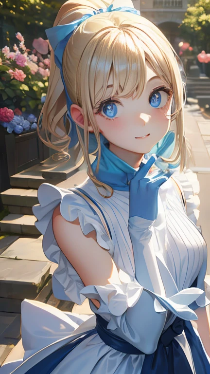 (masterpiece:1.2), (highest quality:1.2),, Curvy but slender body, Perfect Eyes, Perfect Face, Perfect lighting, 1 girl, in the garden, (The whole body is visible),(walking),(Knitted sweater),(Cute gestures),(smile),(ponytail),Curly Hair, Quality clothing, Detailed outdoor background, Compensate, eye shadow, Thick eyelashes, Fantasy, Looking at the audience, whole body,Alice in Wonderland、blue sky、Bright and very beautiful face、Young and shiny white glossy skin、The ultimate beauty、The most beautiful light blonde hair in the world、Thinning hair、short hair、Shiny beautiful bangs、Shining, clear, big blue eyes、Very beautiful and adorable 17 year old girl, the most beautiful in the world、oh