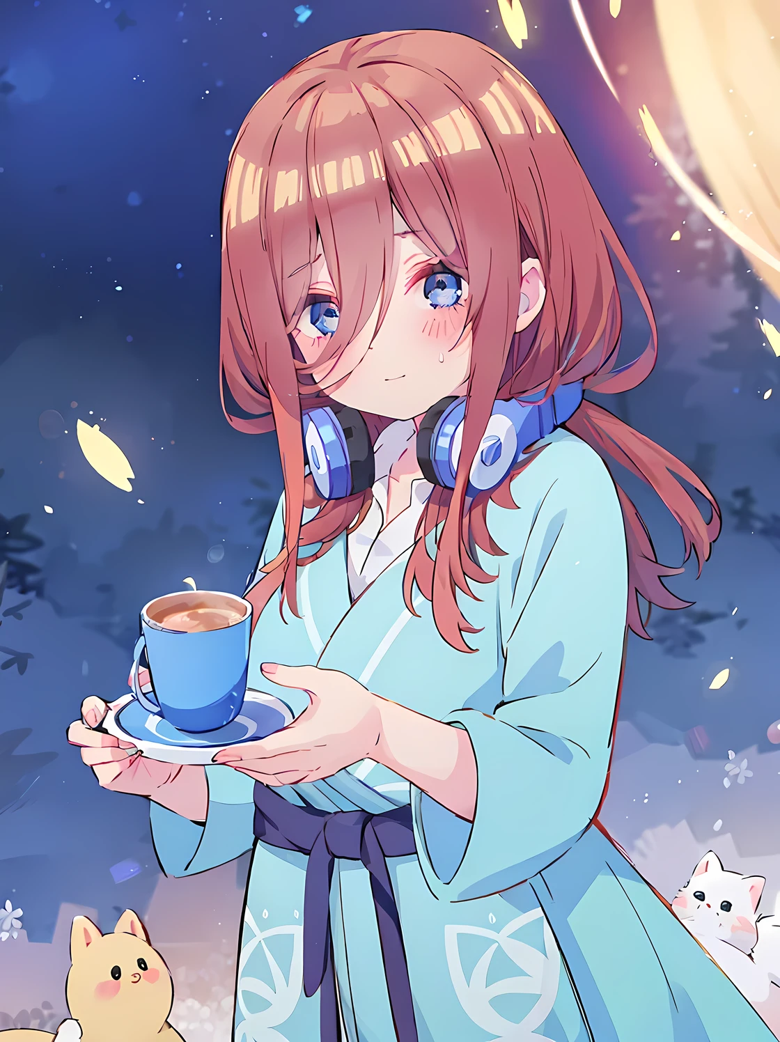 beautiful girl, gradient light blue and cream ballgown, long fluffy red brown hair, otherworldly pink indigo light blue and lilac pastel landscape background, watercolor illustration, disney art style, glowing aura around her, flowing glowing hair, glowing flowing hair, fantasia otherworldly landscape, beautiful, masterpiece, best quality, miku nakano, headphones, blue eyes,  looking at camera, frontal