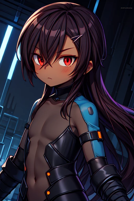 Masterpiece High res, high definition, (((dark skin tone))),dark skin male, dark skin, cute shota,red eyes, black hairpin, brown hair, long dark brown hair,meechs_musame, cyber wear,wearing a black exoskeleton, detached sleeves, black Gauntlets,  black cybertech bodysuit,black exoskeleton ninja suit, black fingerless gloves, blue accents, 