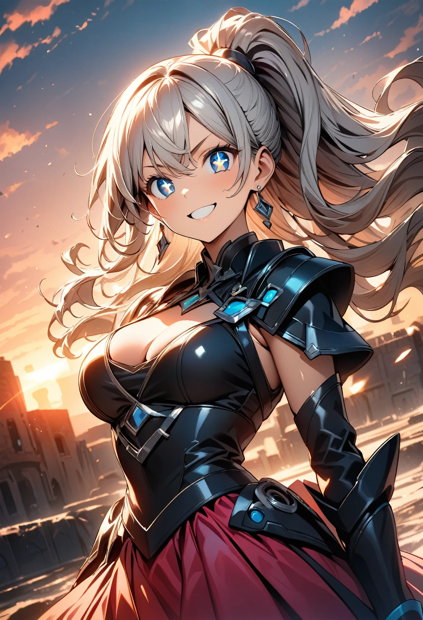 (highest quality:1.2, Very detailed, up to date, Vibrant, Ultra-high resolution, High Contrast, masterpiece:1.2, highest quality, Best aesthetics), (((1 girl))), Girl with a big sword, Chopper knife, Executioner, An illustration, Silver Hair, High ponytail, Wavy Hair, blue eyes, jewelry, Earrings, (((Detailed Eye Expression:1.2, Beautiful Skin, Detailed facial expressions))), Flowing Hair, (crazy smile, sparkling eyes), Delicately drawn equipment, Cold Glowing Weapon, Shiny Armor, ((Random Pause, Dutch Angle)), Beautiful sunset background, Bright colors, Dramatic lighting, Brave pose, Sharp focus, Gazing Eyes, Beautiful Skin, Shiny skin, Perfect Fingers, Five Fingers, Anatomically correct, Background blur.