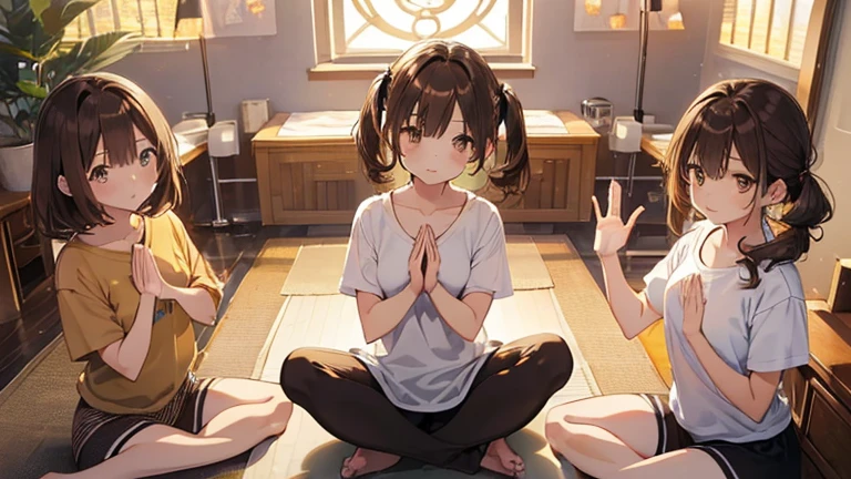 (highest qualityのイラスト:1.2), (cute女の子:1.1), (One Girl, alone:1.5,cute、Beautiful image、small胸:1.5、Very detailed目:1.2)、(small ,Flat Chest:1.1)、((Brown eyes、Brown Hair:1.5))、(short hair)、Wavy Hair、Curly Hair、prohibit、Low Twintails、Short Pigtails、 yawn、Brown Hair、short hair、Wavy Hair、Low Twintails、break(highest quality、Very detailed、 yoga posture)Represents the journey to higher realms on Ascension Day,The spectrum of light surrounding the seven chakras, Vibrant colors
