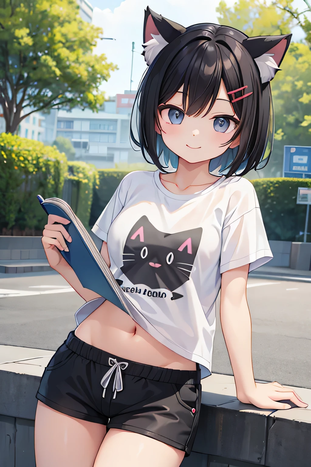 highest quality、smile、Cat ear、Short black hair、Cropped T-shirt、Shorts、reading