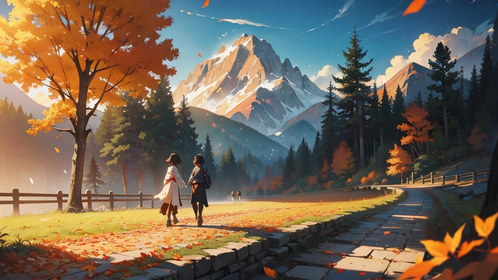 Fallen leaves on the path in the mountains, Atey Ghailan 8 K, inspired by Sylvain Sarrailh, Makoto Shinkai Cyril Rolando, concept art wallpaper 4K, digital painting concept art, Cyril Rolando and Goro Fujita, inspired by Atey Ghailan