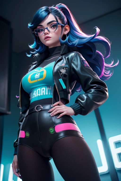 ((mejor calidad)), ((Obra maestra)), ((realista)) and ultra-detailed pcalienteography of a 1nerdy girl with goth and neon colors. ella tiene ((pelo turquesa)), Lleva un (superior technical jacket) y un (tanga negro con patrones rojos) , ((beautiful y unesthetic)), sexy, debajo de los senos, caliente