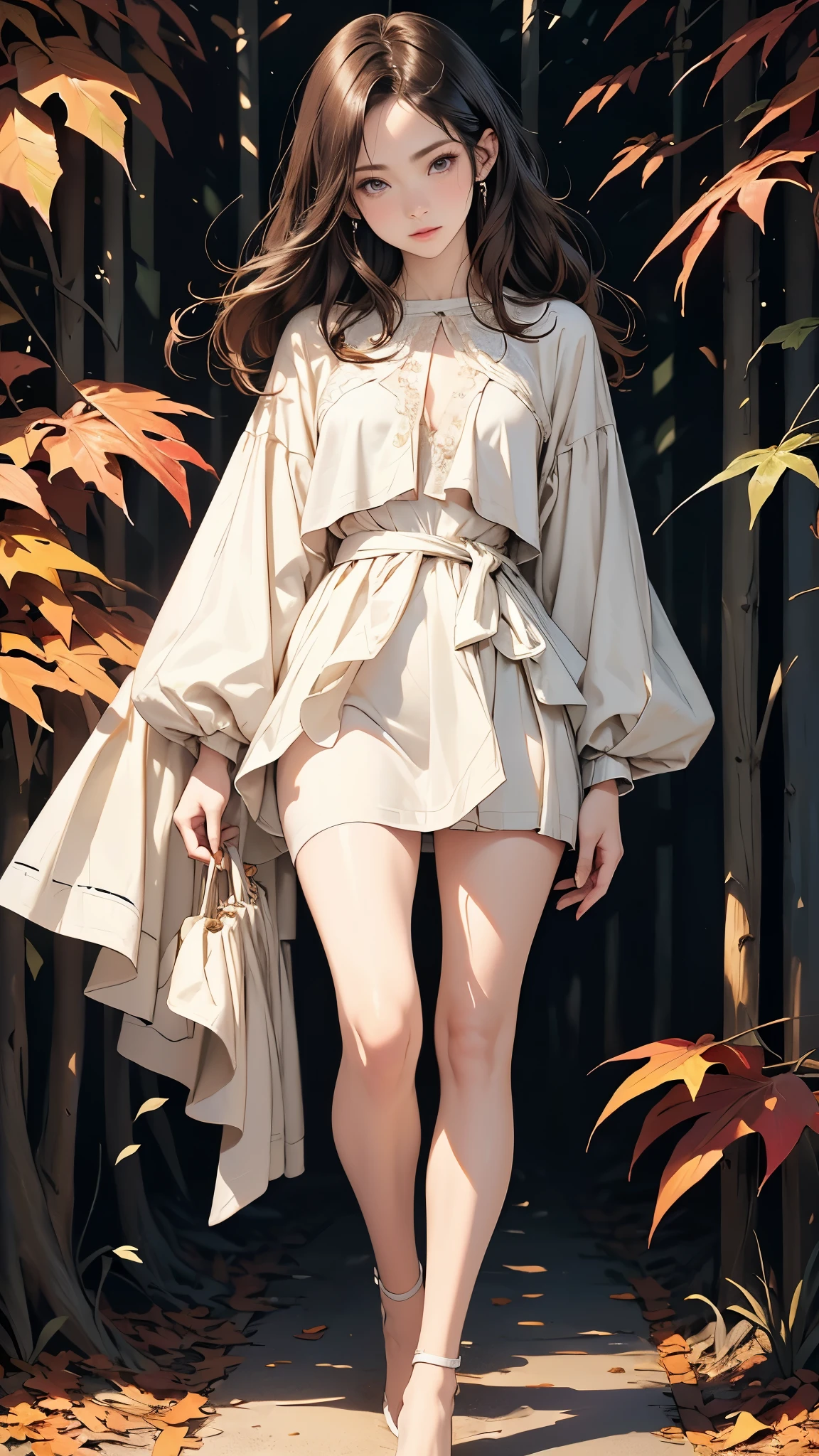 ((Biologically correct limb count))、(( A full-body illustration from toes to face))、4K、Masterpiece、((Eyes with delicate depictions、Detailed depiction of faces、Focus on the face))、((Symmetrical, well-proportioned facial features))、Beautiful woman、Outstanding style、Beautiful clavicle、Beautiful legs、Beautiful Hands、Slender Body、(shirt、skirt、High heels)、Looking up、High angle、The background is a beautiful park with autumn leaves、((Walking posture))、Brown Hair、Tattoo、