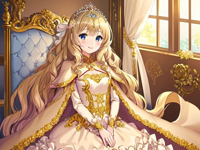 (kawaii),(best quality),(ultra detailed),(rococo style),(long train beige cape:1.15), very long cape,(long train beige ball gown with flower decorations), a girl is wearing a cape over her gown, 1 little princess, tiara with blue jewelry, smile, very long hair, small breasts, beautiful detailed eyes, beautiful detailed lips