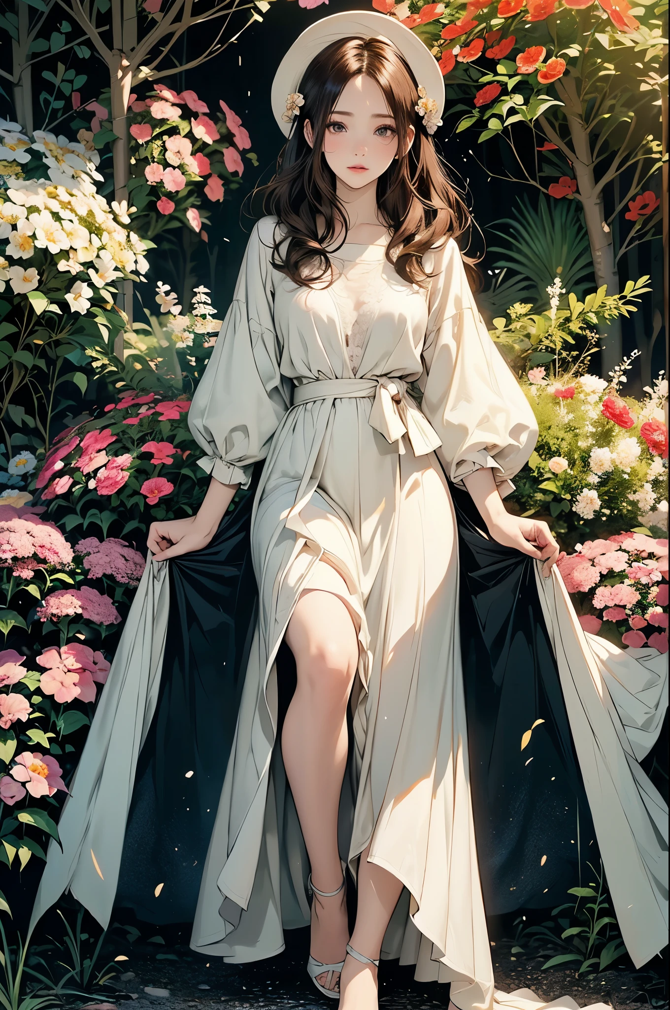 ((Biologically correct limb count))、(( A full-body illustration from toes to face))、4K、Masterpiece、((Eyes with delicate depictions、Detailed depiction of faces、Focus on the face))、((Symmetrical, well-proportioned facial features))、Beautiful woman、Outstanding style、Beautiful clavicle、Beautiful legs、Beautiful Hands、Slender Body、(shirt、skirt、High heels)、Looking up、High angle、The background is a beautiful park with flowers、((Walking posture))、Brown Hair、