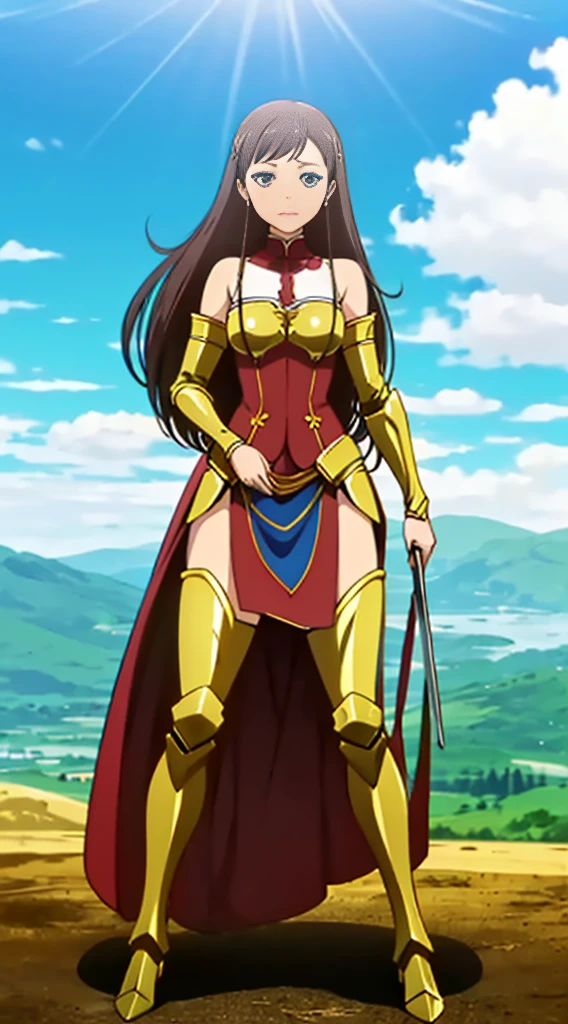 Create a high-quality image of a woman wearing full-body golden armor. She is depicted in a majestic pose, proudly standing amidst a grandiose backdrop. Her armor gleams with the brightness of gold, reflecting the sunlight streaming through the clouds. Her hair cascades over her shoulders, framing her determined and confident face. In her hands, she holds a sword or shield, ready to defend her cause with bravery. In the background, an epic landscape of towering mountains and a vast, infinite sky. This woman is a vision of power and nobility, a fearless leader ready to face any challenge that comes her way.