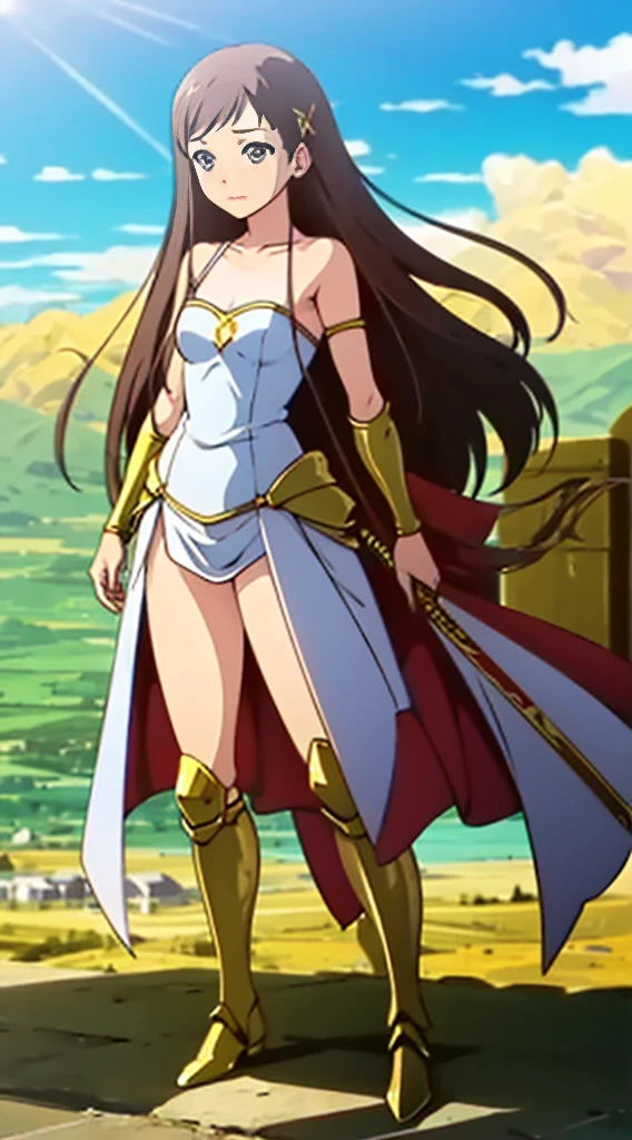 Create a high-quality image of a woman wearing full-body golden armor. She is depicted in a majestic pose, proudly standing amidst a grandiose backdrop. Her armor gleams with the brightness of gold, reflecting the sunlight streaming through the clouds. Her hair cascades over her shoulders, framing her determined and confident face. In her hands, she holds a sword or shield, ready to defend her cause with bravery. In the background, an epic landscape of towering mountains and a vast, infinite sky. This woman is a vision of power and nobility, a fearless leader ready to face any challenge that comes her way.