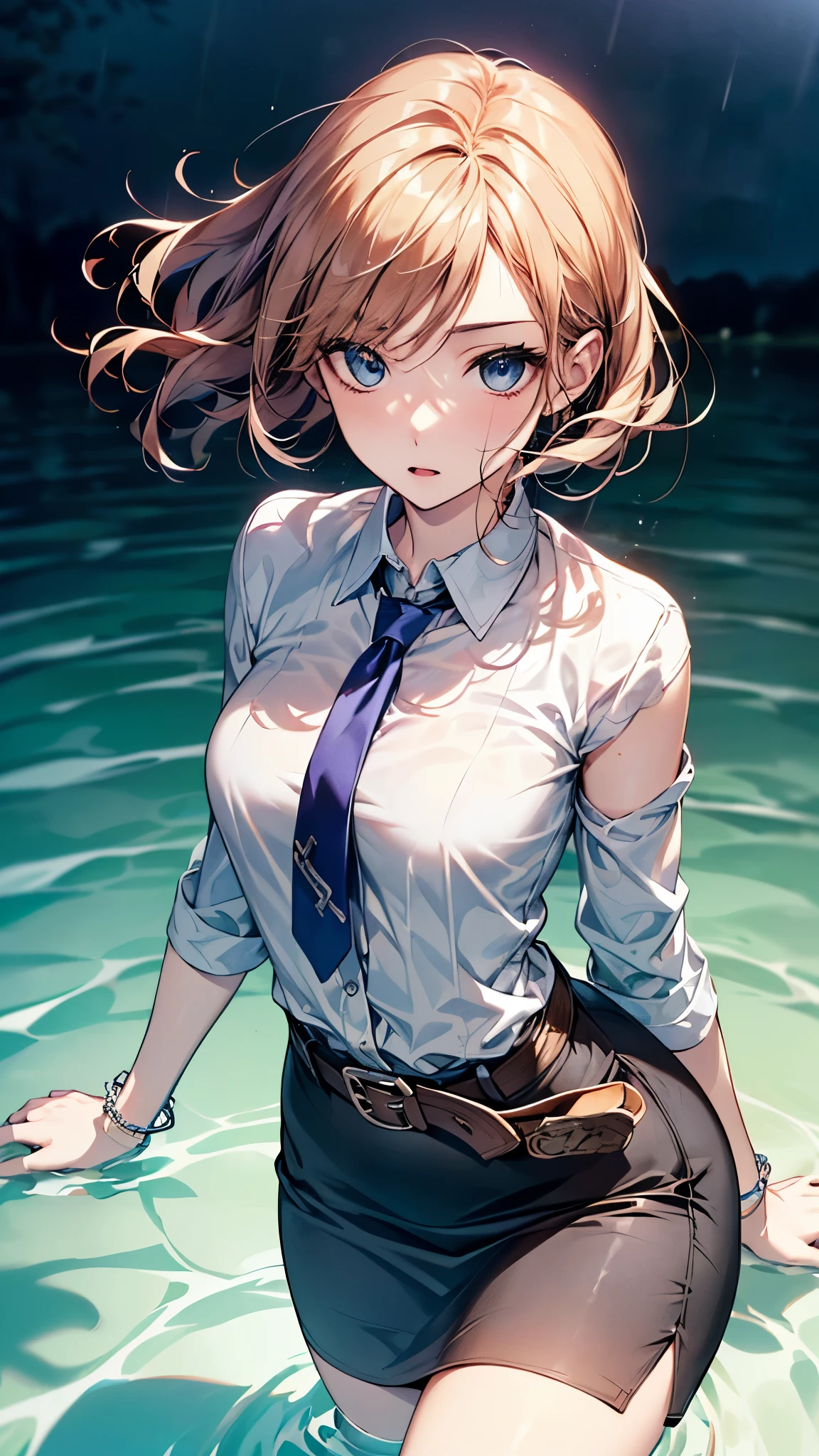 ((Biologically correct limb count))、(( whole body including face))、4K、Masterpiece、((Focus on the face))、((Symmetrical, well-proportioned facial features))、Eyes with delicate depictions、(((1 person)))、Beautiful woman、Outstanding style、Slender Body、(High heels with anklets、Shiny Stockings)、(((No sleeve、Checked skirt)))、tie、(((White belt photo)))、((Looking up))、Expressionless、(((Riverside、Stand on the surface of the water)))、(((Close-up photo of the upper body)))、High angle、night、rain