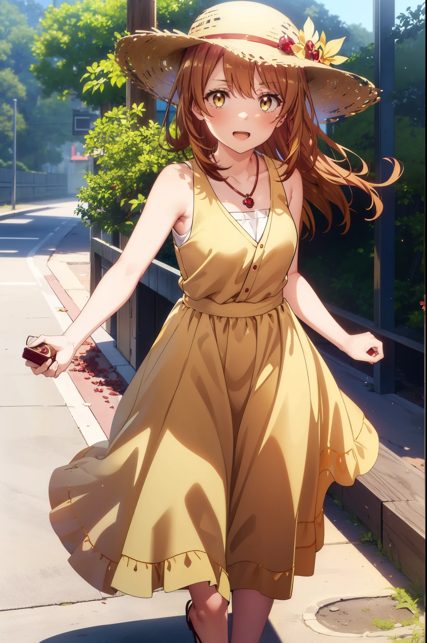 irohaisshiki, Isshiki Iroha, Long Hair, Brown Hair, (Brown ruby eyes:1.5), Sleeveless yellow dress,Yellow long skirt,Bare neck,Locket Necklace,Cute Sandals,Straw hat,happy smile, smile, Open your mouth,Daytime,Clear skies,True Summer,whole bodyがイラストに入るように,Walking,
break outdoors ,公園
break looking at viewer,whole body,
break (masterpiece:1.2), highest quality, High resolution, unity 8k wallpaper, (shape:0.8), (Beautiful and detailed:1.6), Highly detailed face, Perfect lighting, Highly detailed CG, (Perfect hands, Perfect Anatomy),