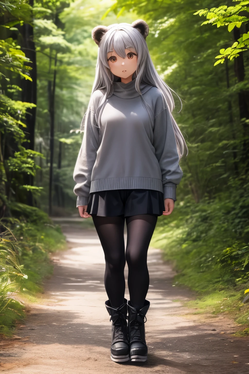 A wild grizzly bear and a 20-year-old Japanese woman、Crisp eyebrows、pale gray hair、Semi-long hair、Long sleeve knitted clothes（White stripes）、hot pants（black）、Knee-length boots with laces（black）、whole body、Stand with your feet apart、Laugh fearlessly、Hanging eyes、
